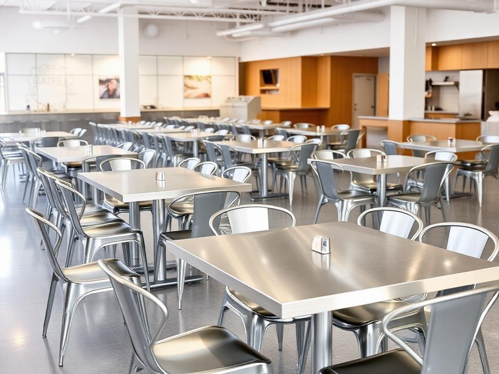 Steel dining table sets in a canteen