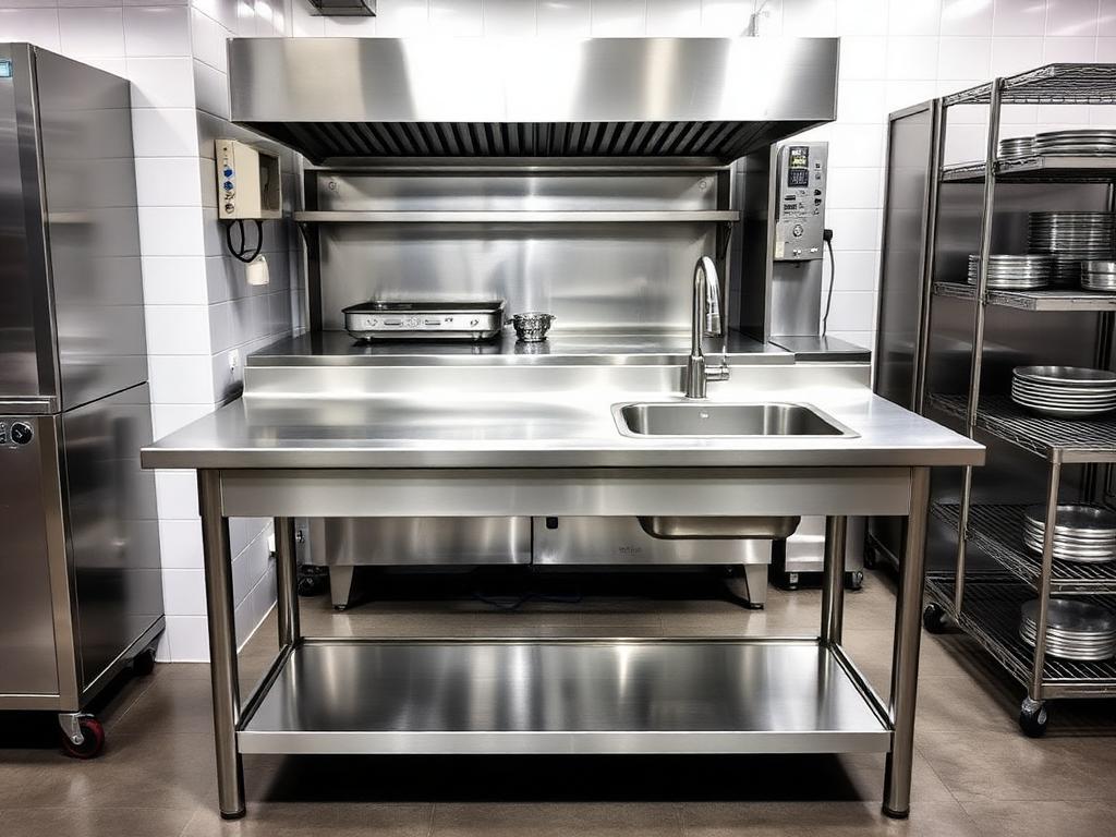 Steel work table with sink and undershelf